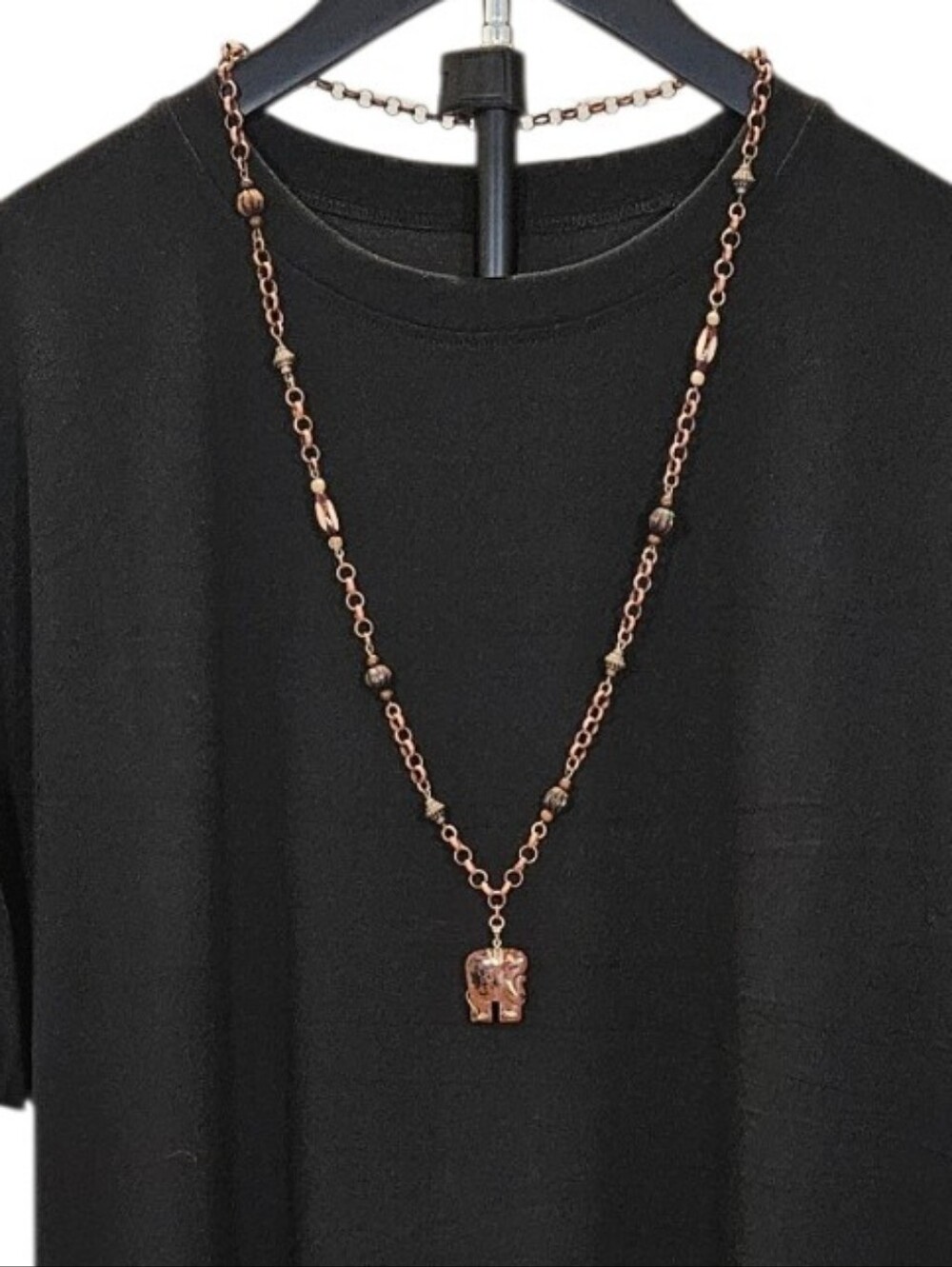 Boho Elephant Pendant Necklace 37" Bronze Tone Beaded Long Statement Jewelry